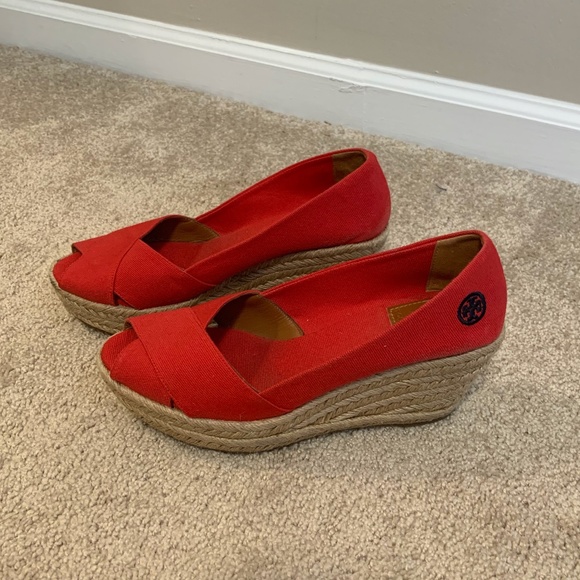 Tory Burch Shoes - Tory Burch red canvas criss cross wedges 9